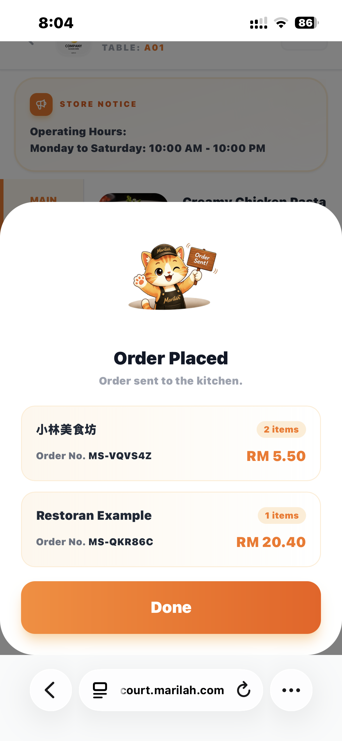 Order confirmed screen