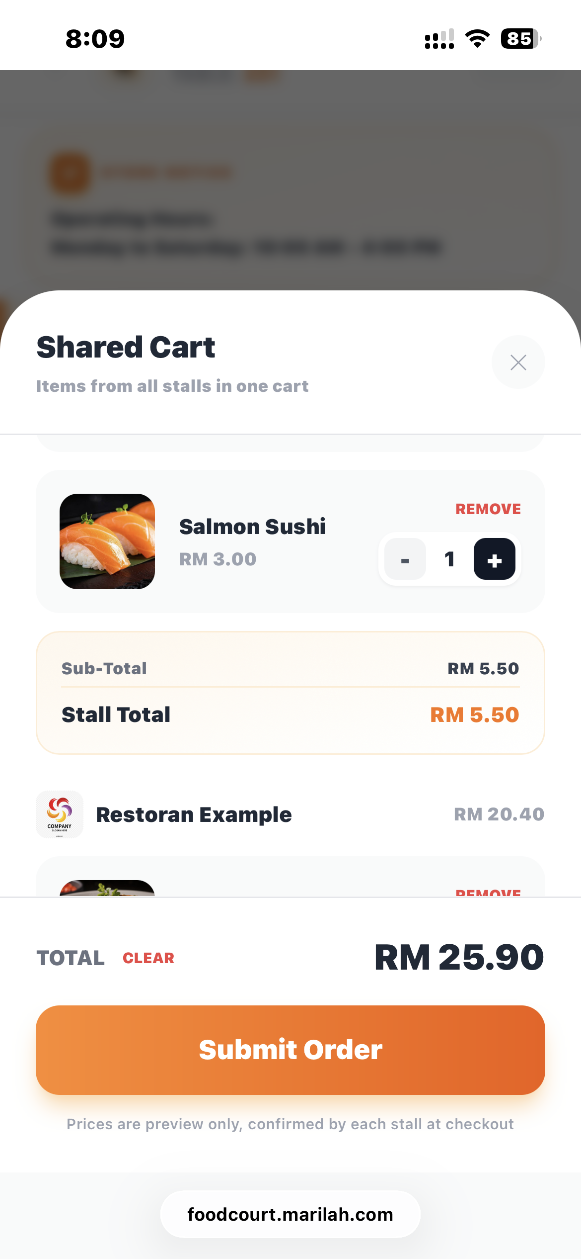 Shared cart with items from multiple stalls